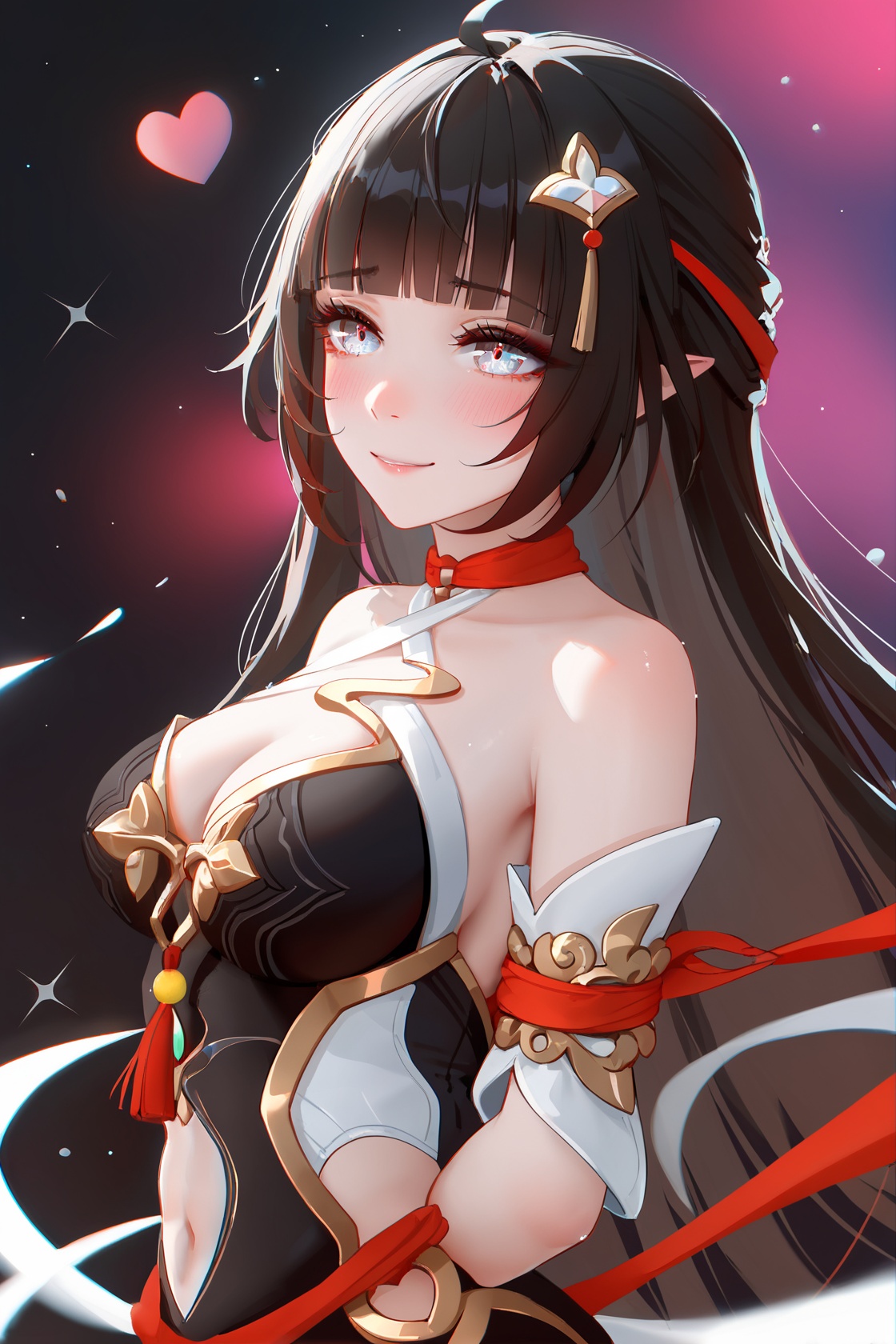 8k, best quality, masterpiece, (ultra-detailed), (high detailed skin), beautiful, intricate, amazing quality, very aesthetic, absurdres, masterpiece, (by nixeu, by wlop:0.7), [by raichiyo33], by anna dittmann, upper body, dynamic angle, chromatic aberration, sparkles, white eyes, slim body, cleavage, white skin, glossy skin, forehead, black and galaxy background, beautiful eyes, medium breasts, solo, happy, (black theme:0.81), 1girl, solo, bound, smile, bow, blush, arms behind back, heart, long hair, <lora:lingsha-atw2-Tanger:0.8>, lingsha, default clothes, red hands, red feet, black dress, 1girl, long hair, black hair, breasts, ahoge, high heels, 