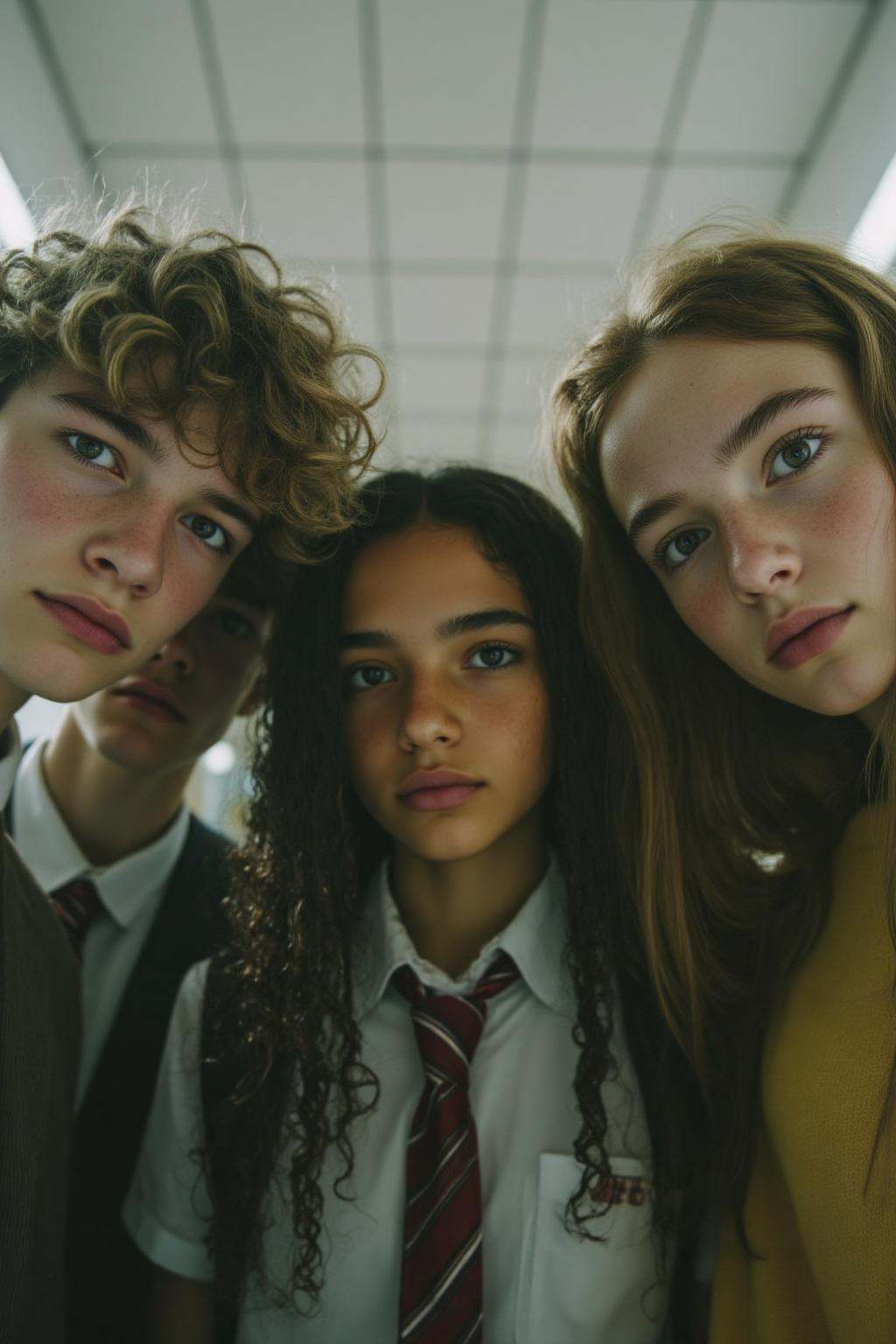 midjourney analog photograph.A low angle shot of three British boys and two girls. They are dressed in formal school attir...