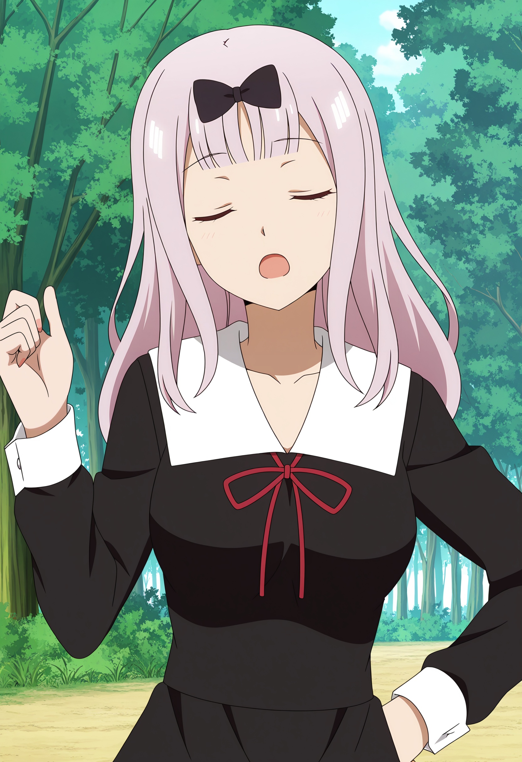 <lora:Chika FUJIWARA_illustrious-000012:1>,Chika FUJIWARA,school uniform,closed eyes,bow,solo,black bow,tree,open mouth,ribbon,red ribbon,long sleeves,breasts,black dress,dress,outdoors,collarbone,anime coloring,hand on own hip,neck ribbon,day,upper body,hand up,forest,nature,anime screencap,