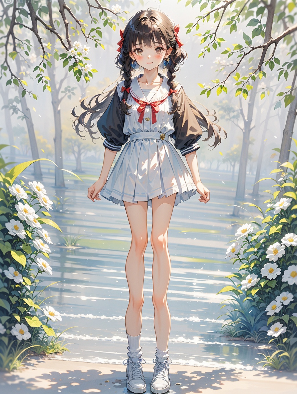 1girl, solo, socks, long hair, dress, braid, brown hair, flower, looking at viewer, twin braids, shoes, short sleeves, white footwear, smile, full body, white socks, bangs, ribbon, hair ornament, white dress, twintails, standing, bow, sneakers, closed mouth, puffy sleeves, puffy short sleeves, hair ribbon, blush, collared dress, brown eyes, pleated dress, skirt, hair flower, sailor collar, branch, hair bow