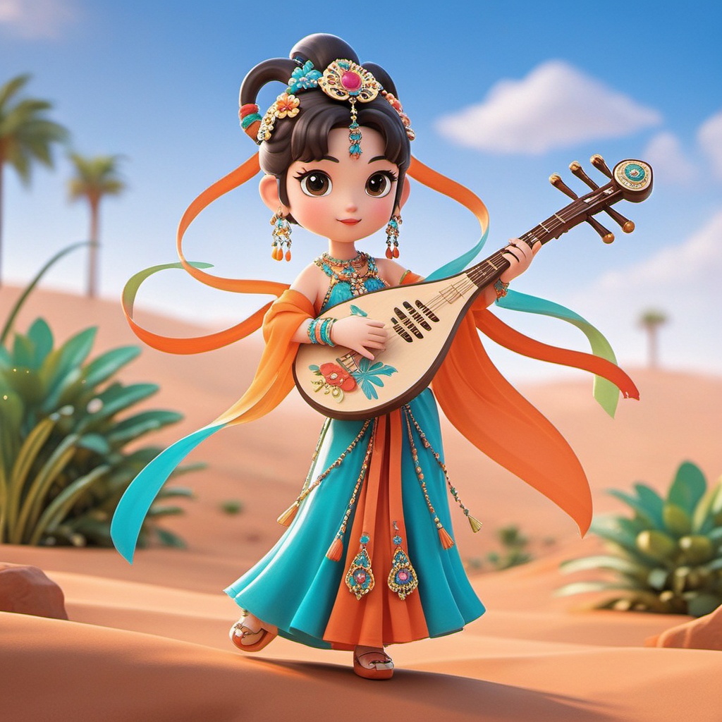 Q edition,shinv, A cute, stylized Asian girl with big, expressive eyes and a big smile rocks an ornate outfit with a turquoise and orange skirt, a matching top, and a snazzy headdress. She's holding a lute decked out with intricate designs. The backdrop features a desert with palm trees and a bright blue sky. The whole scene is whimsical and colorful, with a touch of fantasy.<lora:shinv_v1:0.8>,