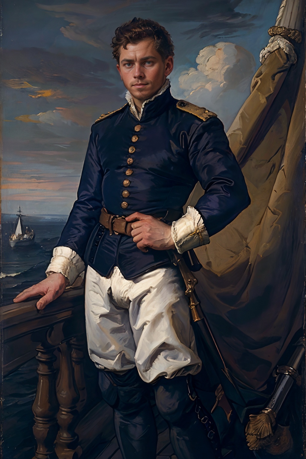 oil painting of DeletablePurple,  style of Anthony van Dyck,  wearing navy uniform of (British navy lieutenant) on Tensor.Art