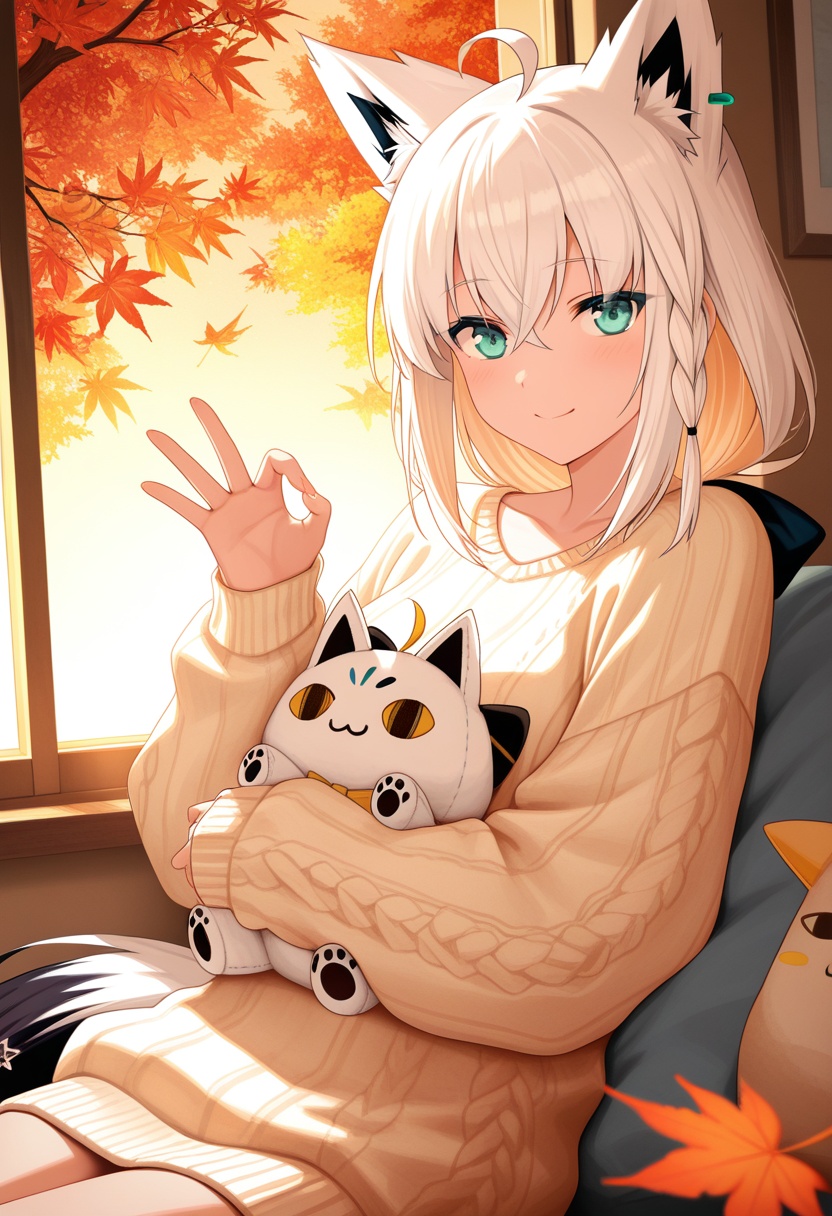 solo,  shirakami fubuki hugging_fox_plushie,  sweater_paw_gesture on Tensor.Art