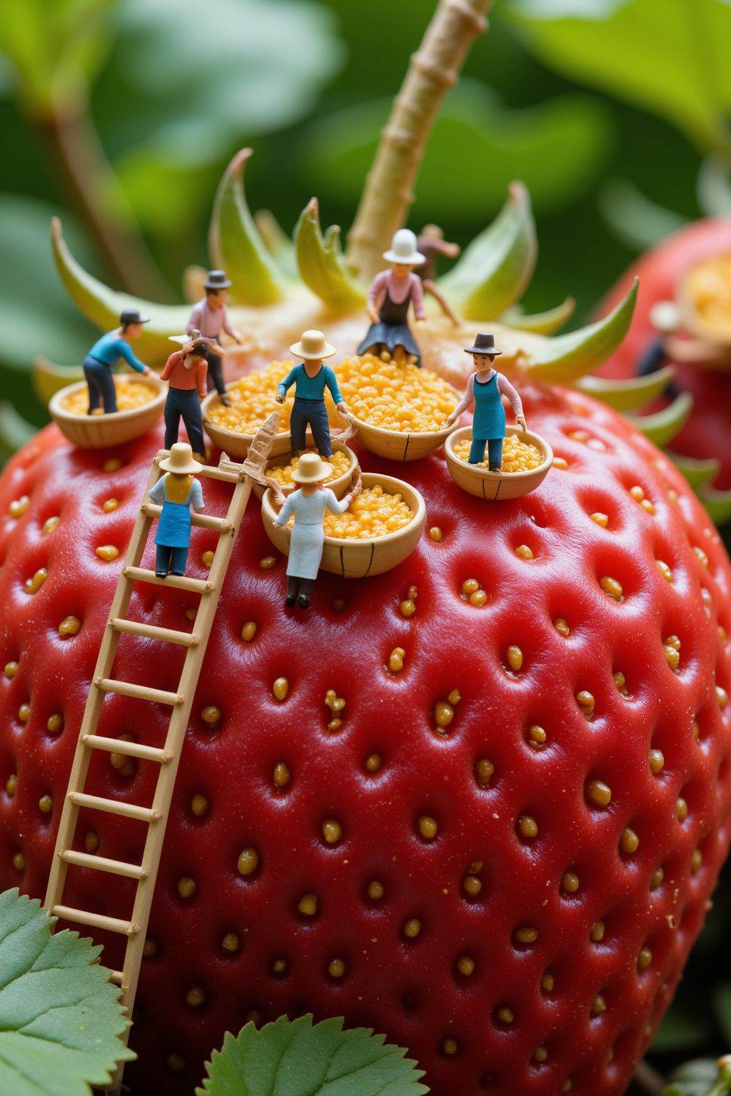 The image depicts a close-up of a large,  ripe strawberry with a detailed miniature scene on its surface. The strawberries...