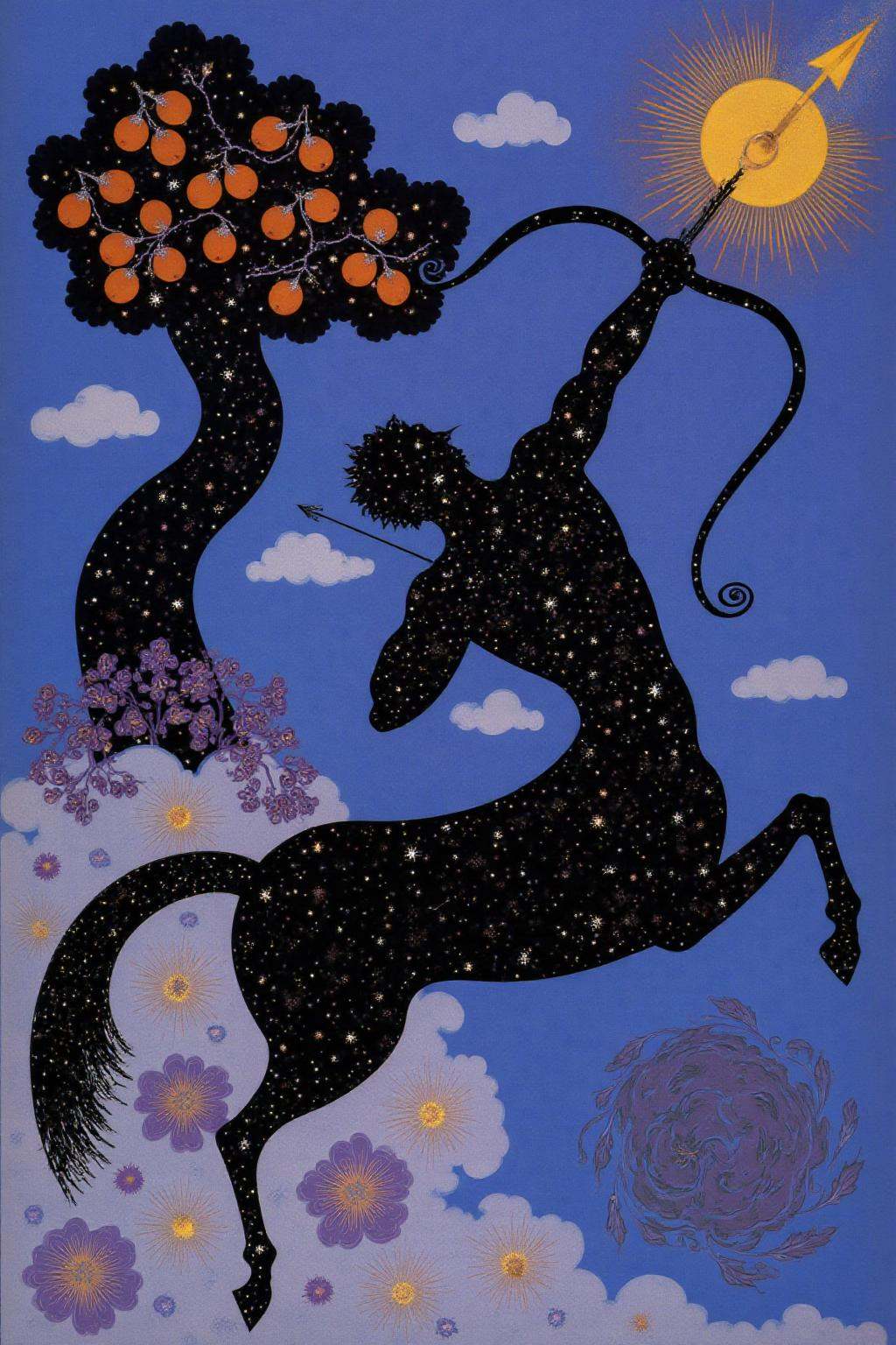 erte1 illustration.The central figure is a black silhouette of a centaur,  adorned with stars and constellations. The cent...