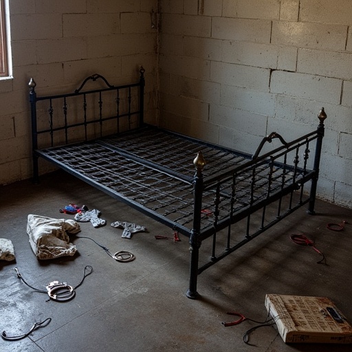 Bare iron bed,  in a basement room with unpainted concrete block walls,  garbage on the floor on Tensor.Art