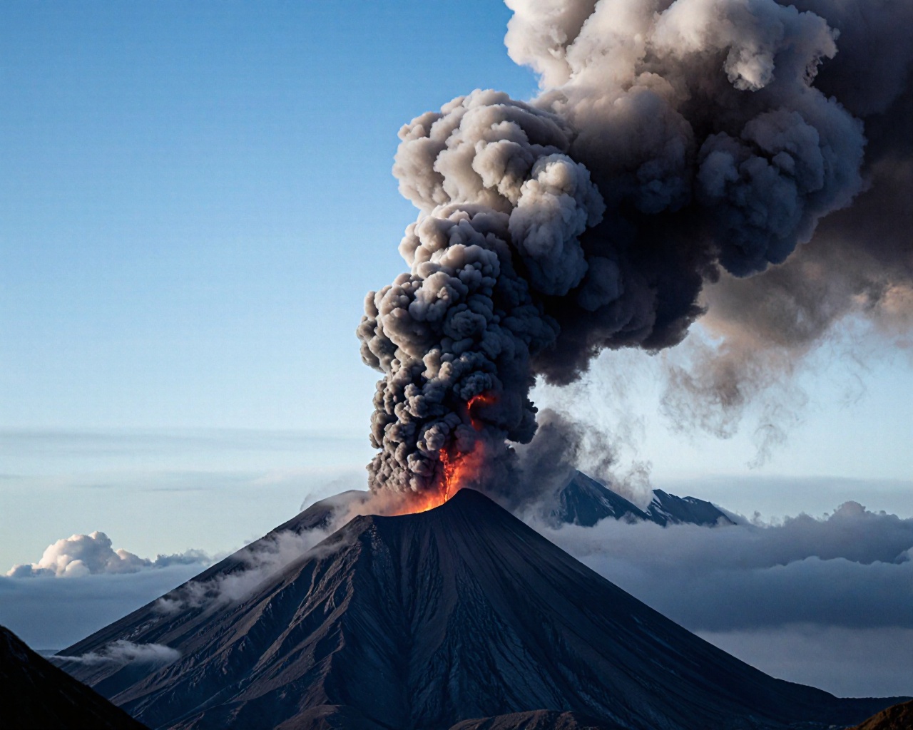 This is a photograph capturing a dramatic volcanic eruption set against a serene blue sky. The image features a towering v...