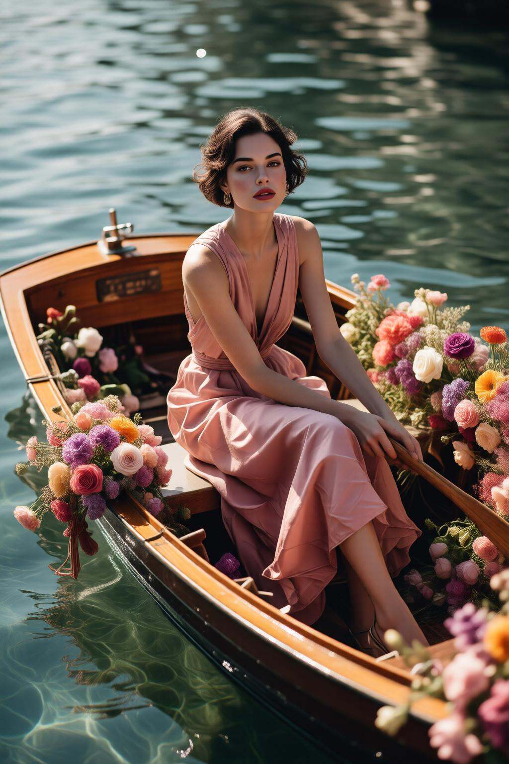 midjourneyhighangle13q High angle view.A woman with short wavy hair is seated in a small wooden boat adorned with an abund...