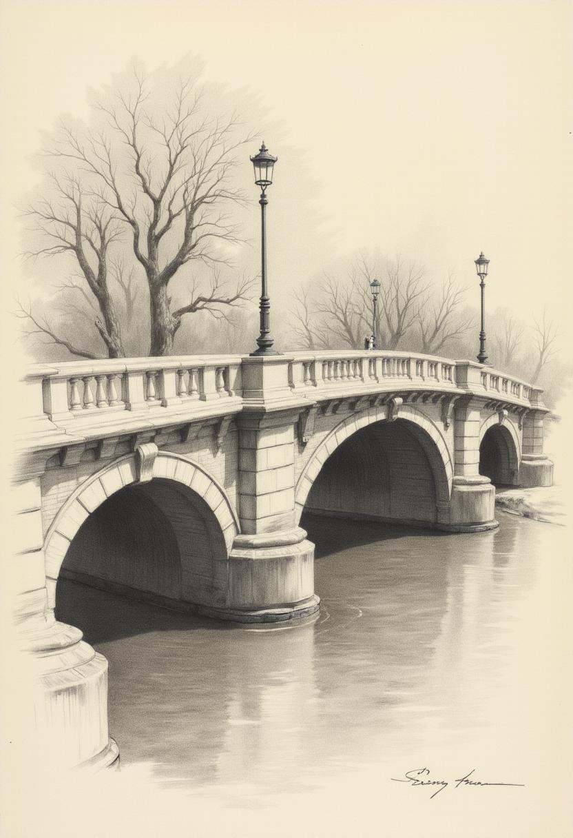 Charcoal drawing,  graphite drawing,  toned paper.Charcoal drawings of a beautiful bridge. on Tensor.Art