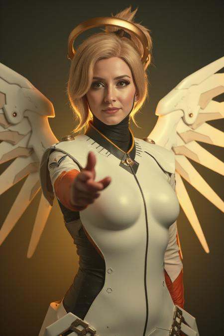Mercy,  a woman with a halo and wings,  her hand is reaching toward the viewer like a godly figure in a mystical scenery o...