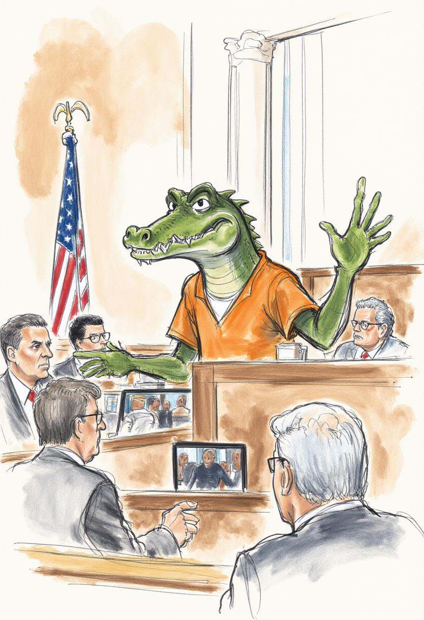This is a detailed,  hand-drawn courtroom scene in a sketchy,  watercolor style depicting a crocodile in an orange prison...