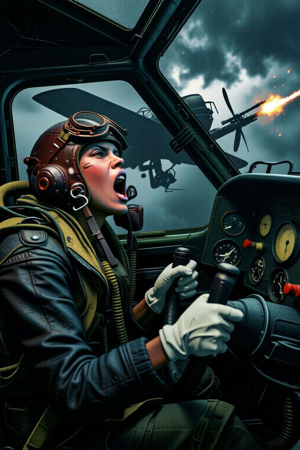 pascalblanche2q illustration. A female pilot screaming inside the cockpit of a World War II bomber. The pilot,  wearing a...