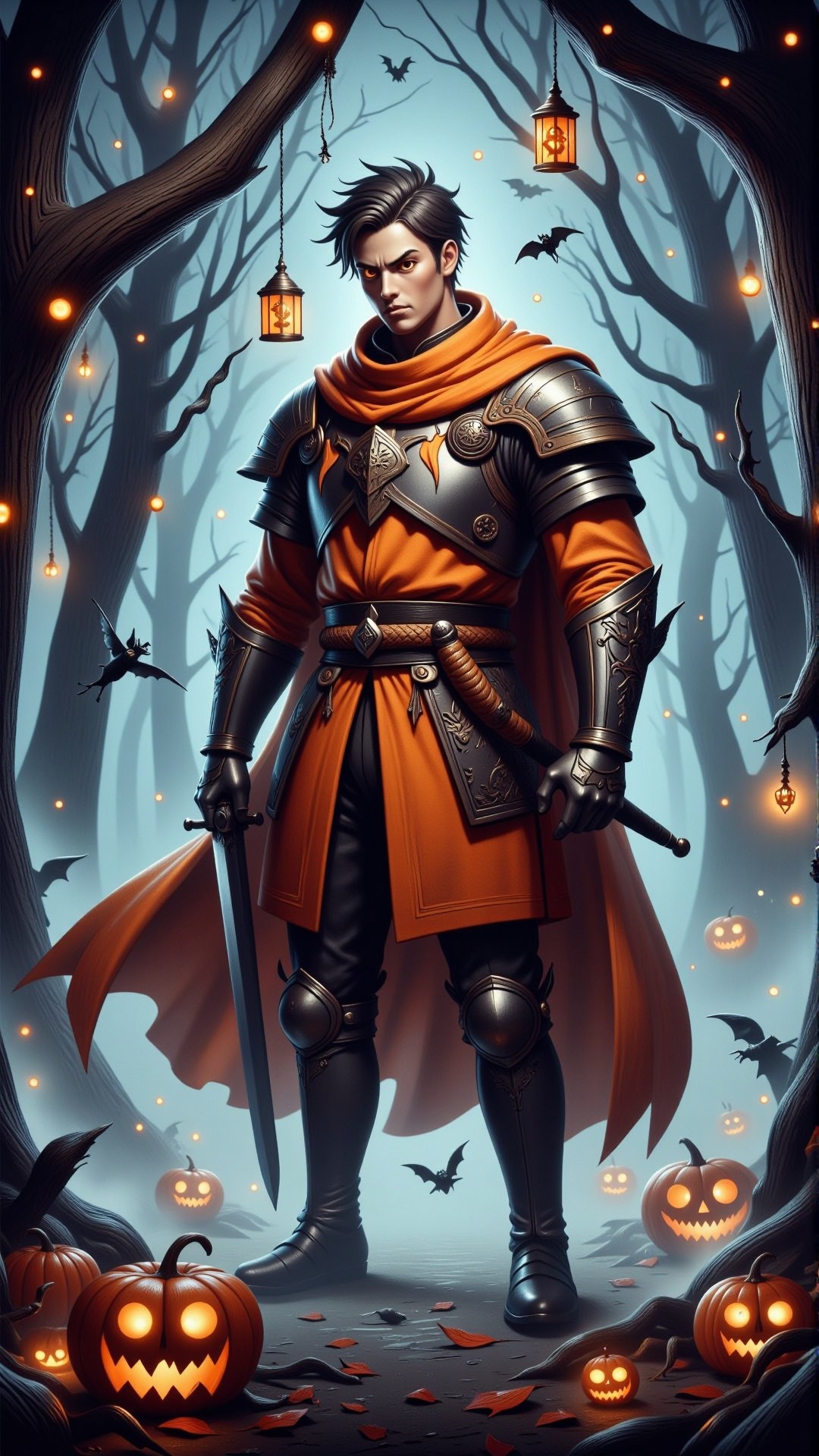 HalloweenGlowStyle orange themed fantasy art,  unraveling darkness,  handsome male warrior on Tensor.Art