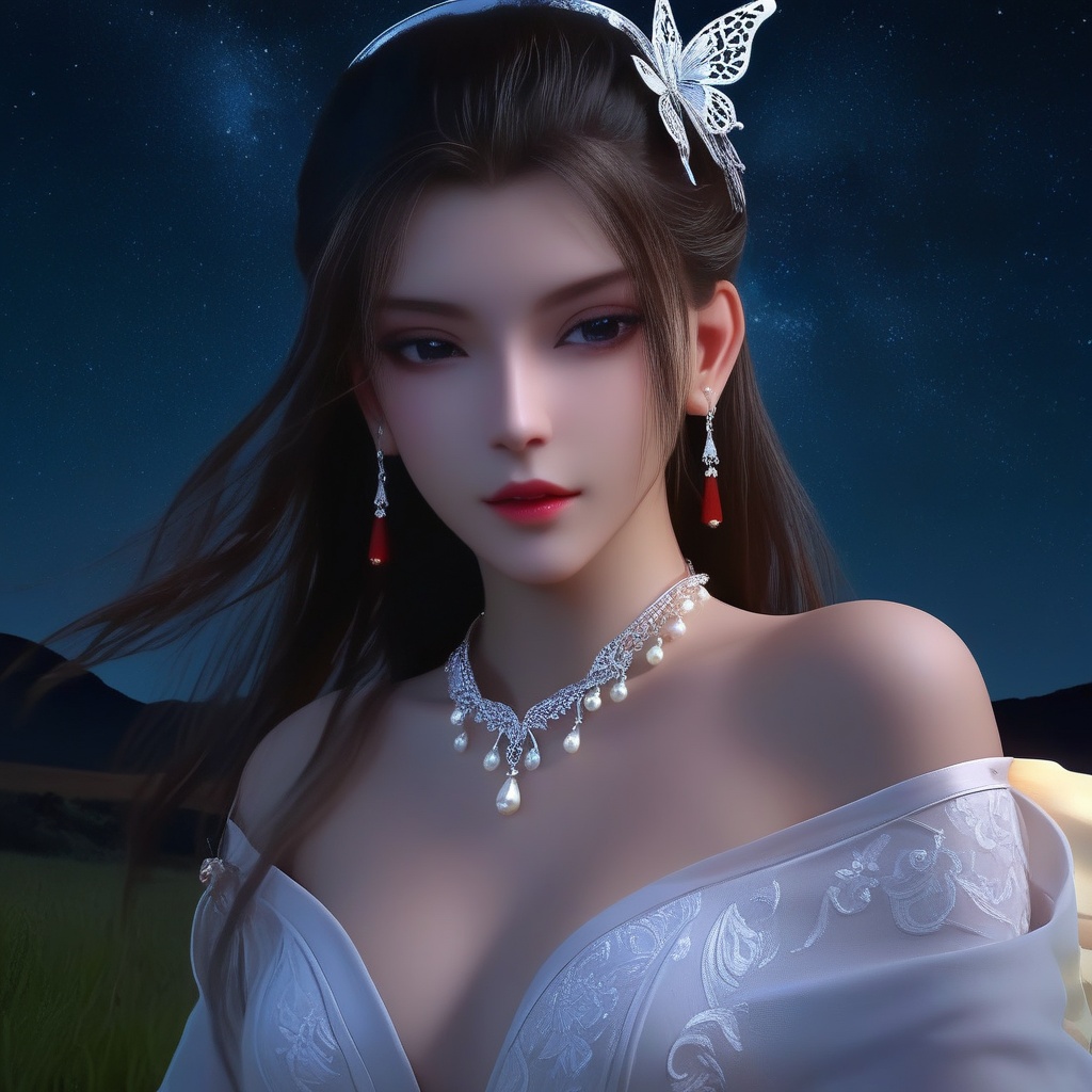 <lora:832-DA-XL-少年白马醉春风-晏琉璃-白衣:0.8>, (,1girl, ,best quality, ),,masterpiece(,1girl,night, starry sky, milky way,outdoors, full moon,  night sky, darkness,  world of darkness, , ) ,ultra realistic 8k cg,   clean, masterpiece,     (( , )),, , , prestige, luxury, jewelry, diamond, gold, pearl, gem, sapphire, ruby, emerald, intricate detail, delicate pattern, charming, alluring, seductive, erotic, enchanting, hair ornament, necklace, earrings, bracelet, armlet,halo((, )), (), butterfly,