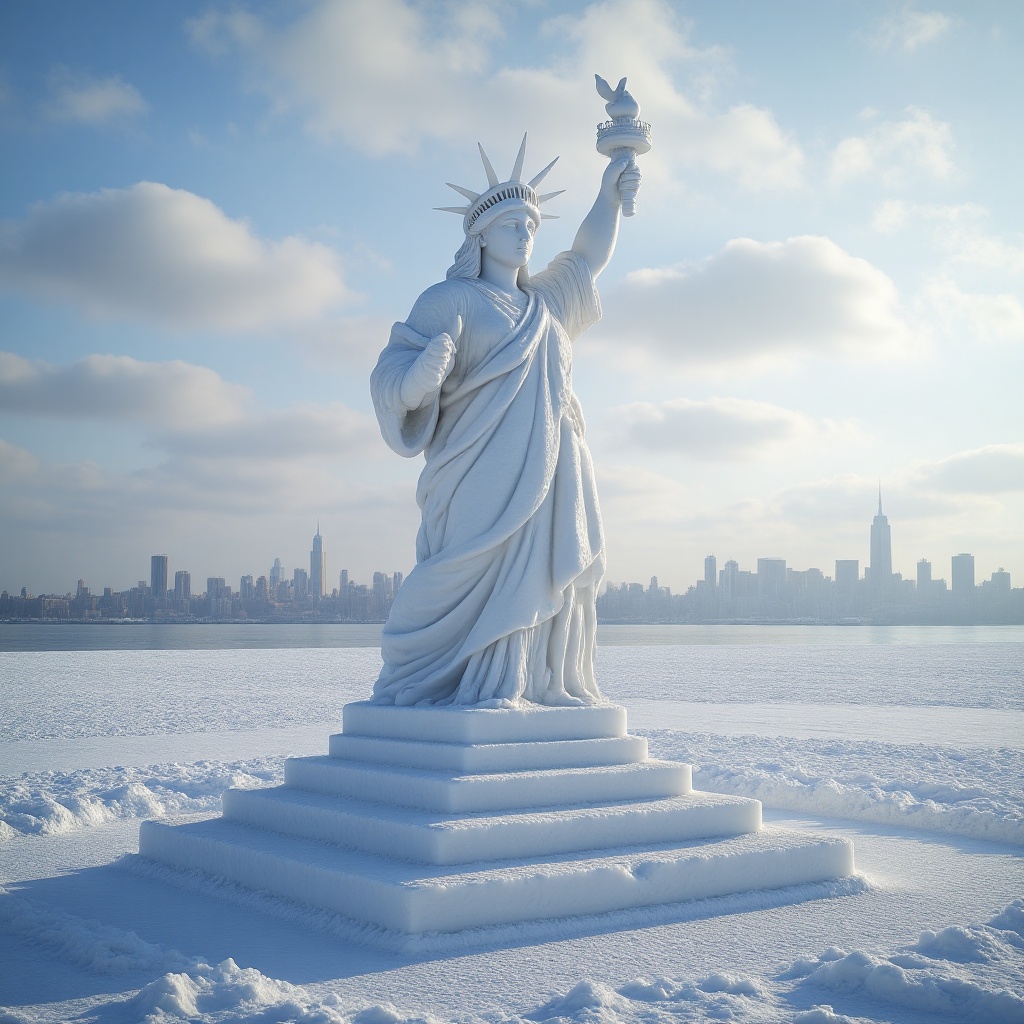 XUEDIAO,  A snow sculpture of the Statue of Liberty,  torch and crown covered in ice and snow on Tensor.Art