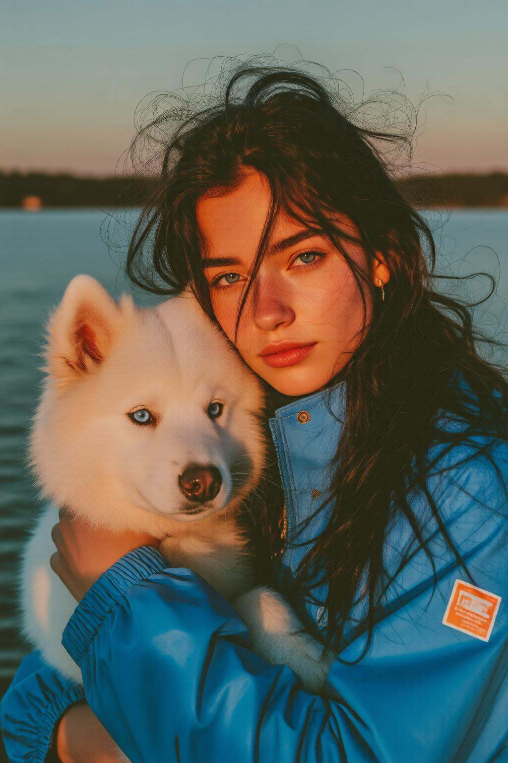 midjourneymix10q photograph.A young woman with blue eyes,  shown in 3/4 view,  is wearing a blue windbreaker and holds a f...