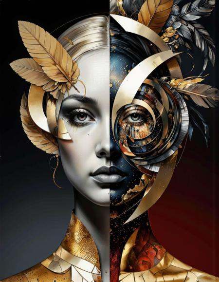 By Tom Nulens. A digitally created artwork in a modern,  abstract style. The central focus is a stylized,  surreal portrai...