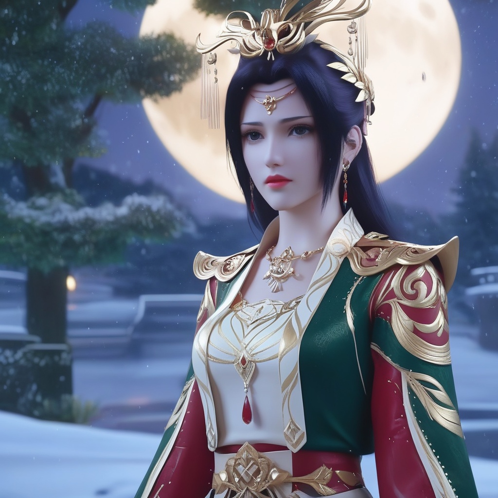 <lora:842-DA-XL-斗破苍穹-云韵-婚服:0.8>, (,1girl, ,best quality, ),,  picture-perfect face,   clean, masterpiece,     cinematic lighting, cinematic bloom, fantasy,  , unreal, science fiction, ((,1girl, pov,))(((,tree, 1girl, full moon,snowing,snow ,solo,     solo focus,  long_hair, looking_at_viewer,  )))  (rich:1.4,)     prestige, luxury, jewelry, diamond, gold, pearl, gem, sapphire, ruby, emerald, intricate detail, delicate pattern, charming, alluring, seductive, erotic, enchanting, hair ornament, necklace, earrings, bracelet, ,(sit),