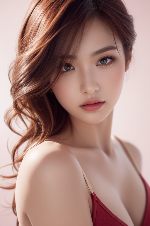 (photorealistic:1.4),deep shadow,reflection light,cinematic light,studio light,1girl,solo,upper body,red hair,wavy hair,long hair,brown eyes,looking at viewer,medium breasts,unitard,dress,depth of field,close-up,( chiaroscuro,Fujicolor, UHD, super detail ,raw,85mm,f/1.2,FujifilmXT4,),simple background,Pastel Red,a colorful background,