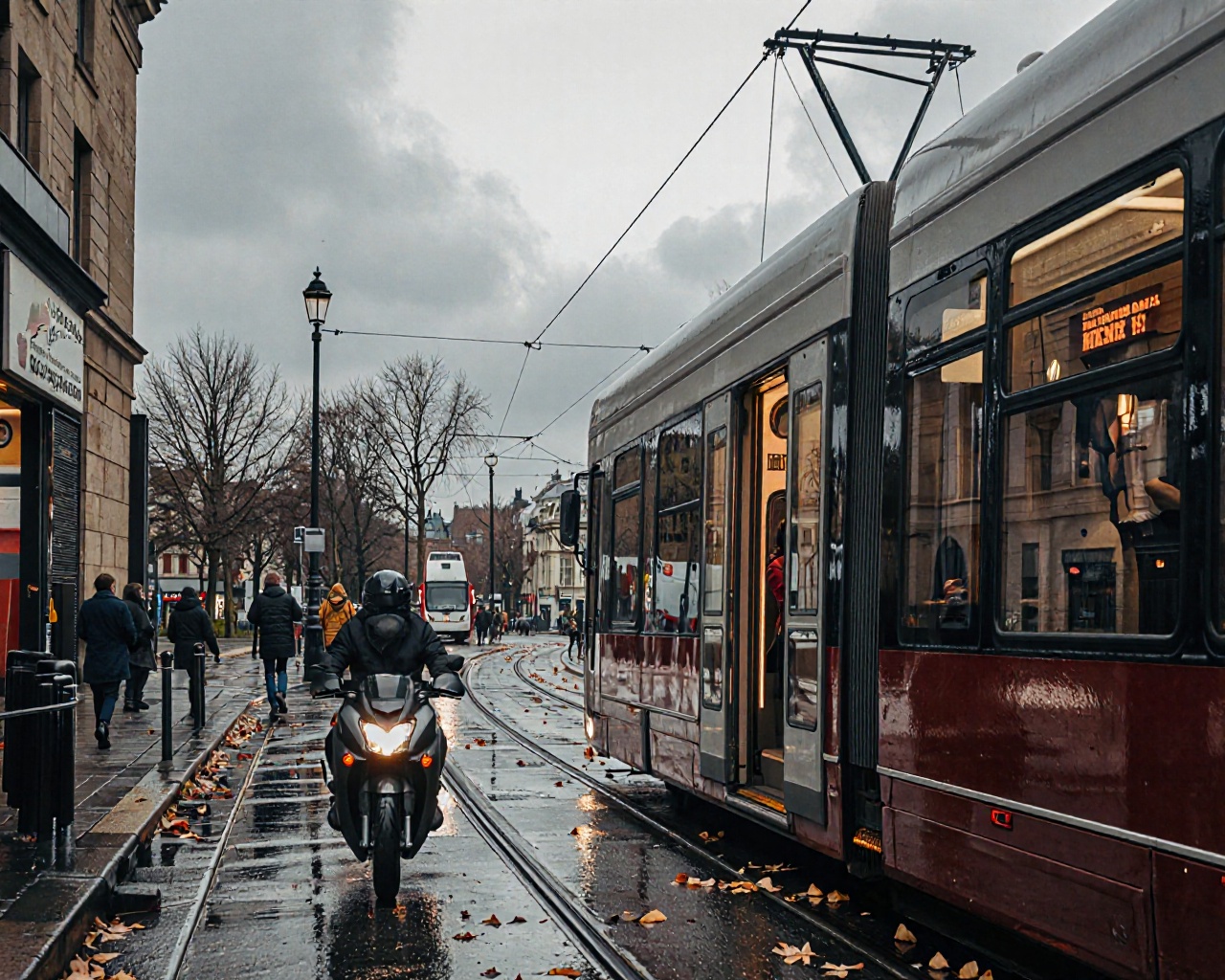 This photograph captures a rainy urban street scene on a cloudy day. The image is taken from a low angle,  looking down th...