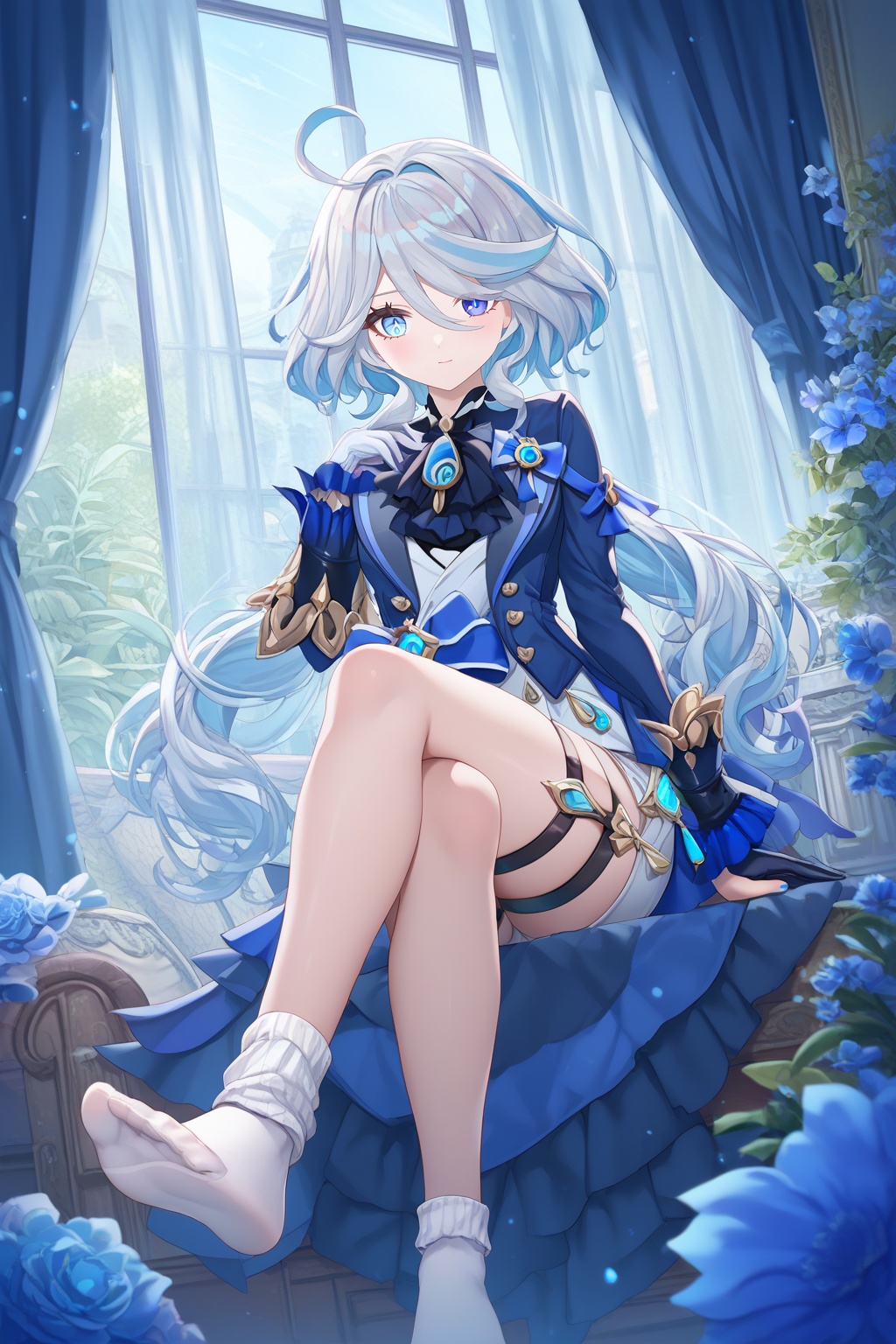 score_9,score_8_up,score_7_up,score_6_up,score_5_up,score_4_up,source_anime,source_cartoon,<lora:FurinaTUPONYXL-000001:1>,furina \(Pneuma\), furina \(genshin impact\), 1girl, solo, crossed legs, heterochromia, sitting, socks, white hair, blue jacket, looking at viewer, white socks, indoors, window, jacket, no shoes, mismatched gloves, white shorts, feet, ascot, long hair, legs, black ascot, blue gemstone, long sleeves, streaked hair, drop-shaped pupils, full body, flower, soles, closed mouth, blue flower, cowlick, thigh strap, blue brooch, curtains, toes, asymmetrical gloves