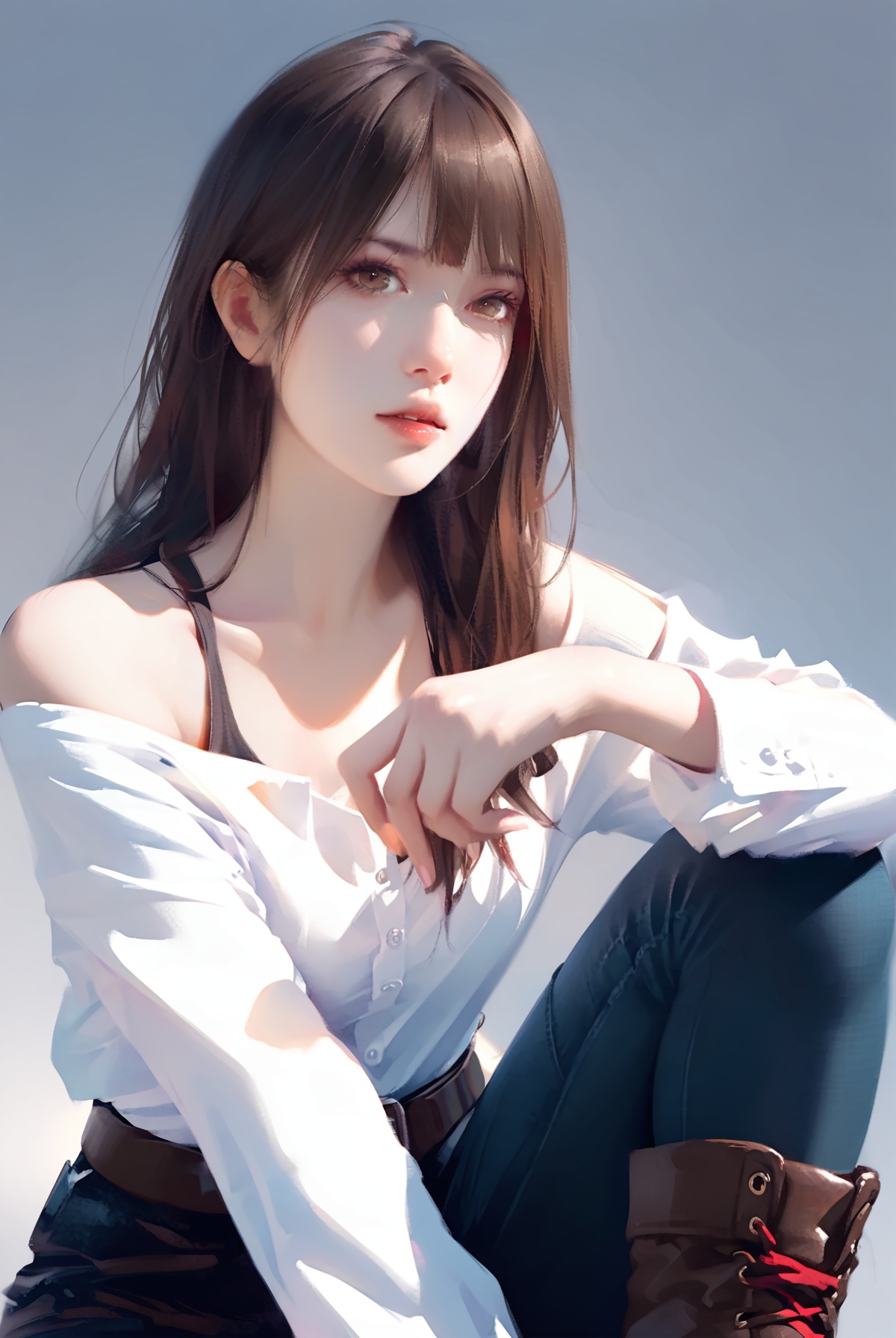 Watercolor painting closeup head and shoulders portrait of a beautiful girl,GX-girl,1girl, solo, long hair, pants, denim, sitting, jeans, brown hair, brown footwear, boots, shirt, belt, looking at viewer, arm support, simple background, white shirt, brown eyes, signature, parted lips, off shoulder, grey background, long sleeves, lips, knee up, realistic, buttons, collarbone, red lips,Chinese girl,<lora:style60-a31:0.8> <lora:RLI 0.2v:1>