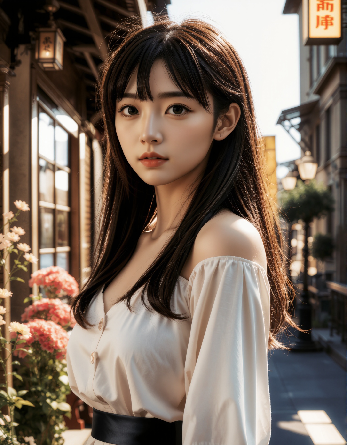 A photograph of an incredibly beautiful 18-year-old girl with long,  stylish gradient brown hair,  standing confidently at...