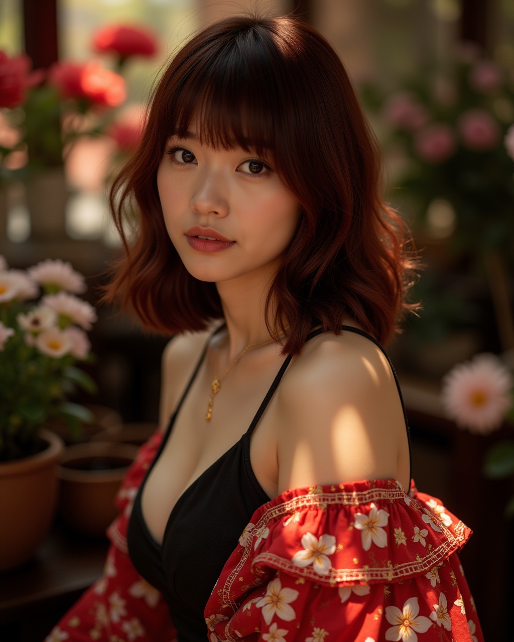 A asian woman with shoulder-length maroon hair and stylish bangs. The intricate details of her outfit and the mesmerizing...