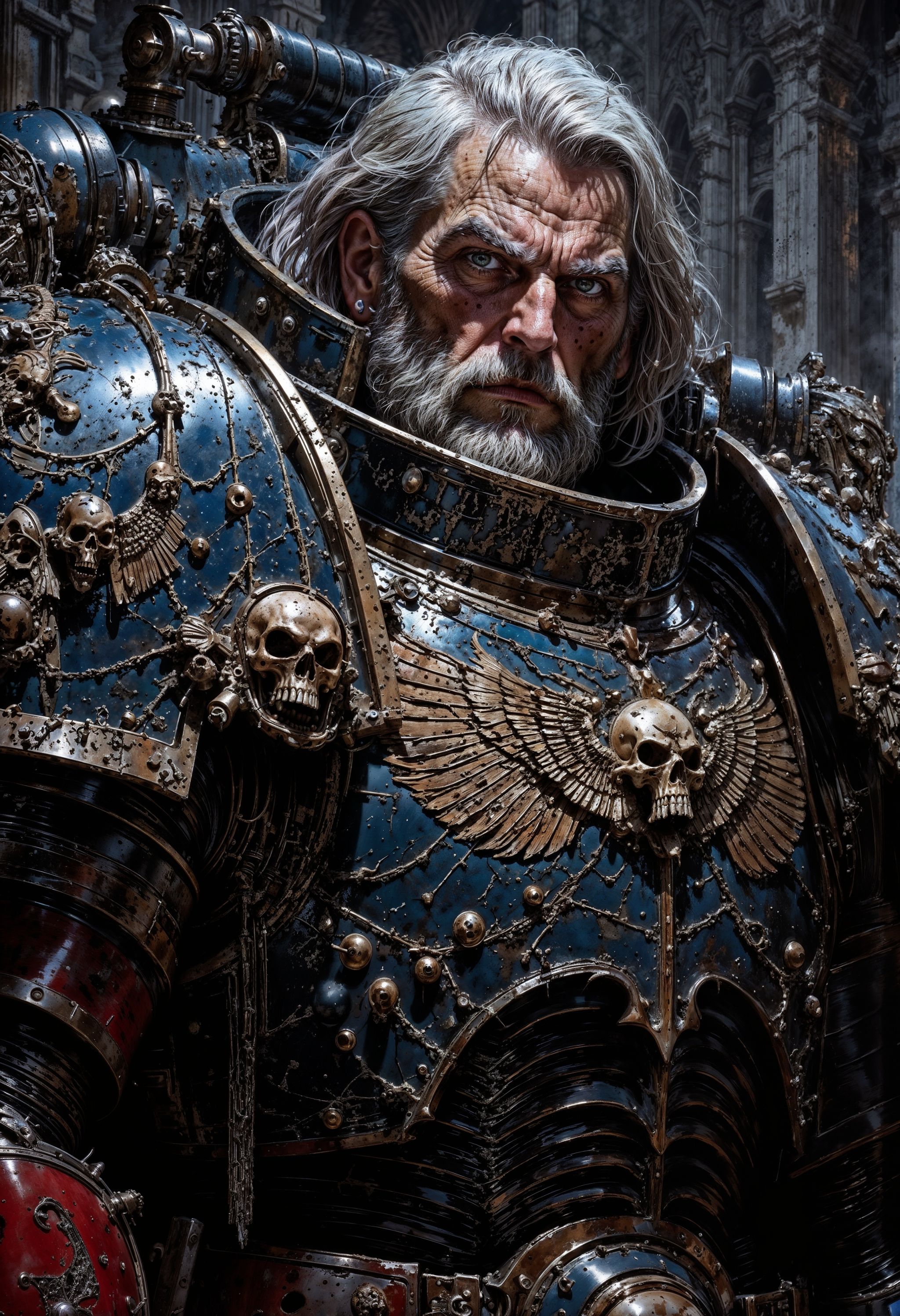 Highly detailed and realistic fantasy character in a dramatic shot. Epic cinematic depiction of a very old Paladin in full...