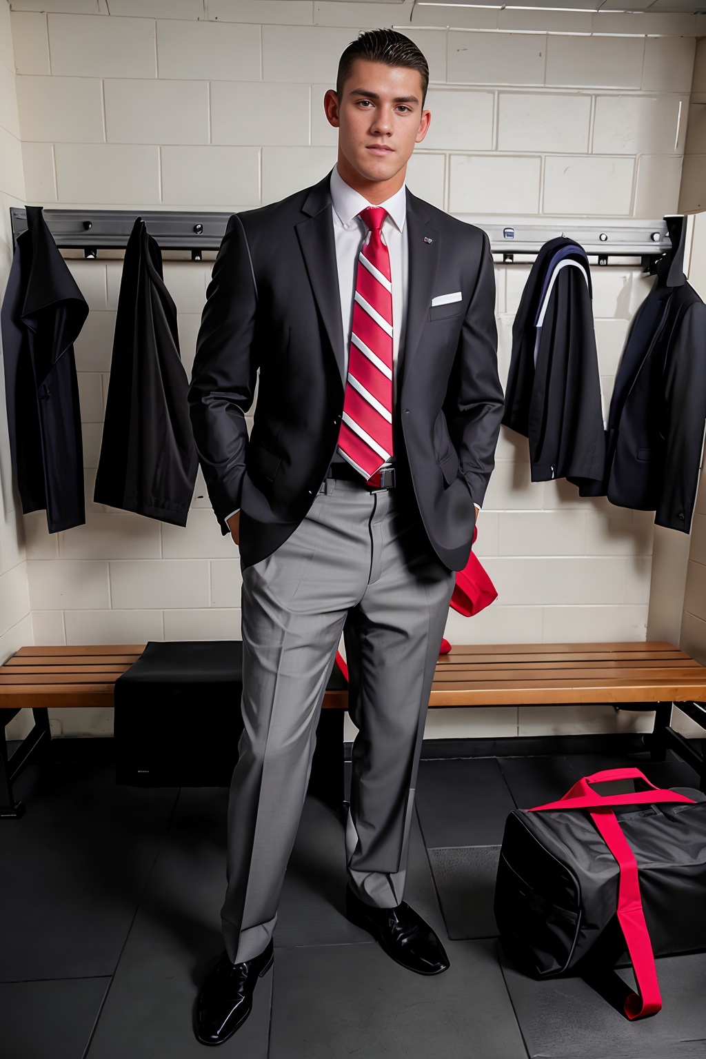 standing in a modern locker room,  JohnnyB wearing a business suit,  charcoal gray jacket on Tensor.Art