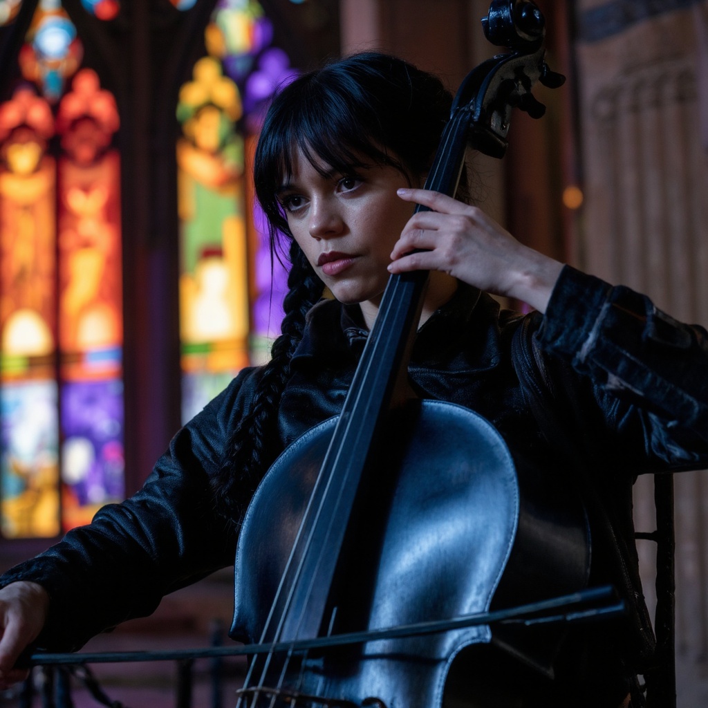 A vivid portrayal of jenna_ortega playing a double bass. She has dark hair styled in two braids and wears a dark,  texture...