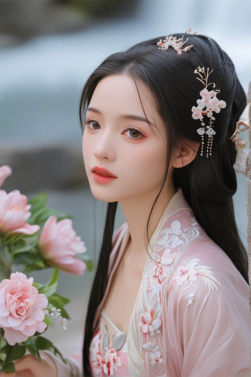 score_9,score_8_up,score_7_up,score_6_up,score_5_up,score_4_up,In ancient China, women were dressed in exquisite and elegant Hanfu embroidered with delicate patterns. The clothes swayed in the wind, and her long hair was like a waterfall. She tied it up with a classical hairpin, had a straight face, cherry lips, fair and delicate skin, and a gentle and elegant temperament. She stood elegantly surrounded by flowers, with an overall elegant color tone.