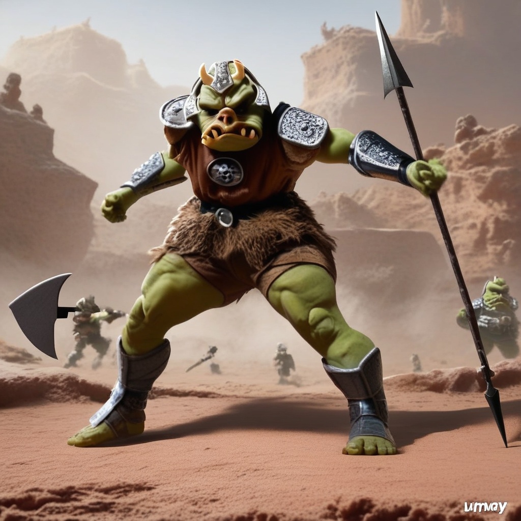 Score_9,  professional high definition photograph,  Gammorean guard in a desert outside a domed Adobe temple on Tensor.Art