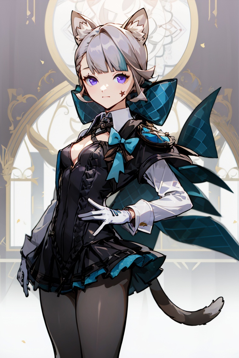 (five-pointed star on the left face),(best quality),<lora:Lynette:1>,1girl,solo,tail,cat ears,cleavage,collared shirt,white shirt,purple eyes,long sleeves,small_breasts,short hair,closed mouth,bangs,grey hair,black skinny dress,miniskirt,pleated skirt,black pantyhose,hair bow,cleavage cutout,white gloves,(looking at viewer),standing,indoors,