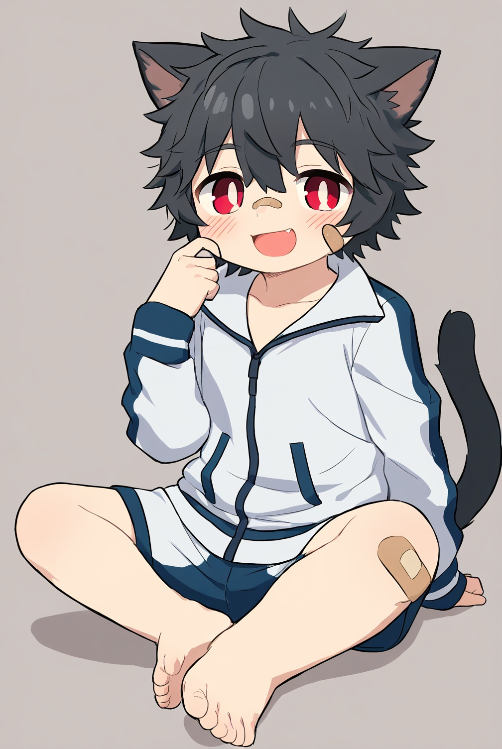 solo,looking at viewer,cat ears,cute,red eyes,blush,smile,short hair,open mouth,bangs,simple background,gray-black hair,long sleeves,1boy,sitting,full body,male focus,shorts,barefoot,bandaid,track jacket,bandaid on face,male child,messy hair,funky,bare-chested,