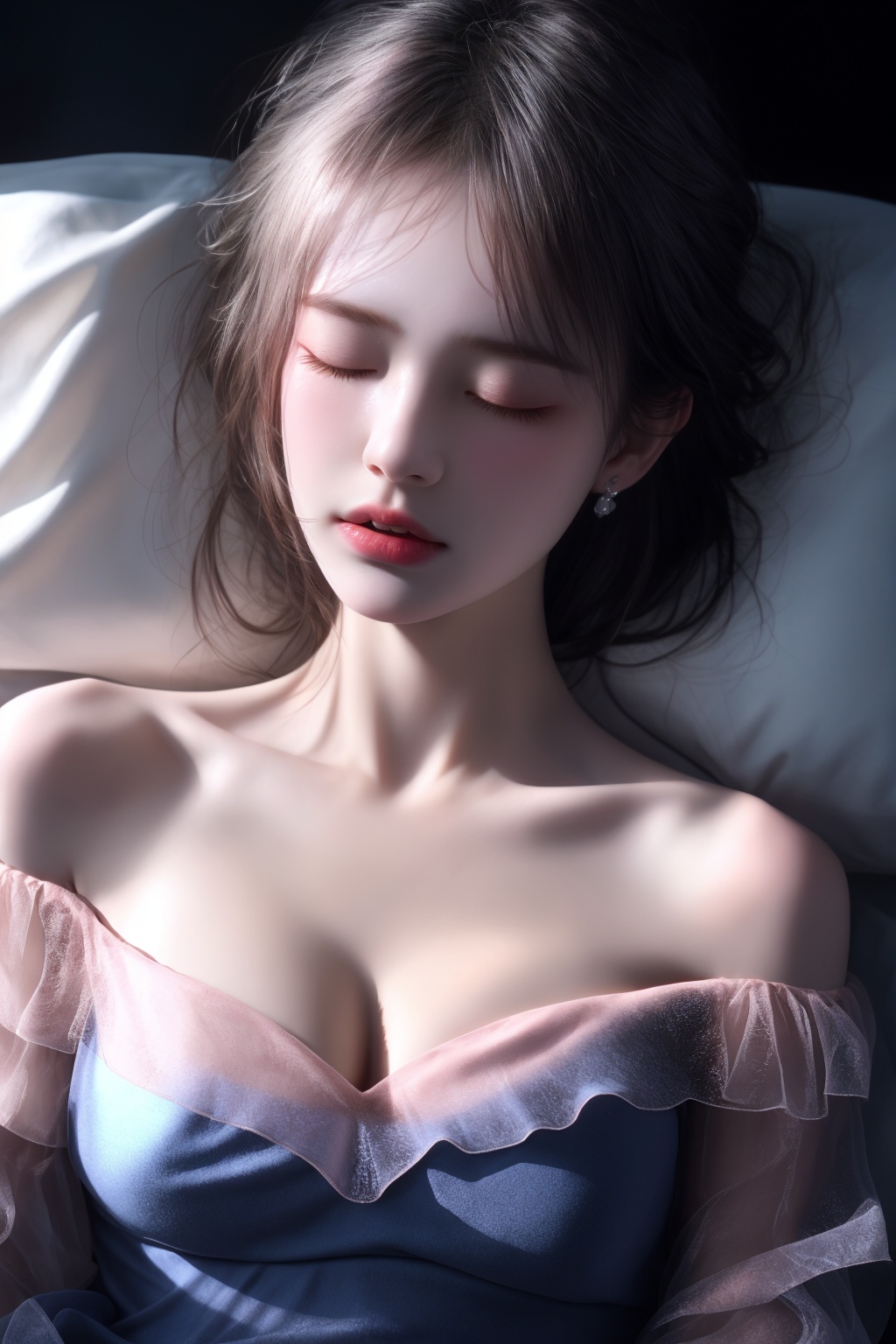 (Realistic, Hyperrealistic: 1.1)XHC sleep,1girl,solo,sleeping,lying,Silver hair,closed eyes,on back,bare shoulders,pillow,collarbone,off shoulder,tongue,short hair,realistic,soft light,(Klein Blue and Light Pink dress:1.3),(see-through:1.3),epic realistic,(dark shot:1.5),(darkness:1.5),(soft light:1.2),(breast:1.3),(cleavage:1.3),<lora:XHC soft light_20240716125739-000018:0.9>,(masterpiece, top quality, best quality, official art, beautiful and aesthetic:1.2),natural skin texture,high detailed skin,(detailed skin:1.5),photorealistic,extreme detail,lifelike,crisp,precise,35mm photograph,film,bokeh,professional,highly detailed, <lora:XHC soft light_20240716125739:0.5>