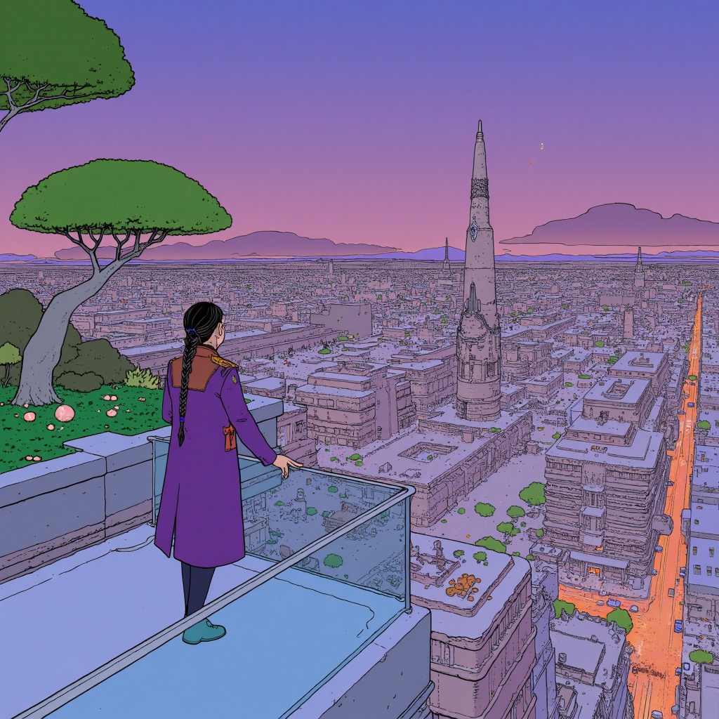 cartoon moebius illustration in mb artstyle of a futuristic rooftop garden on a megastructure in a sprawling vertical city...
