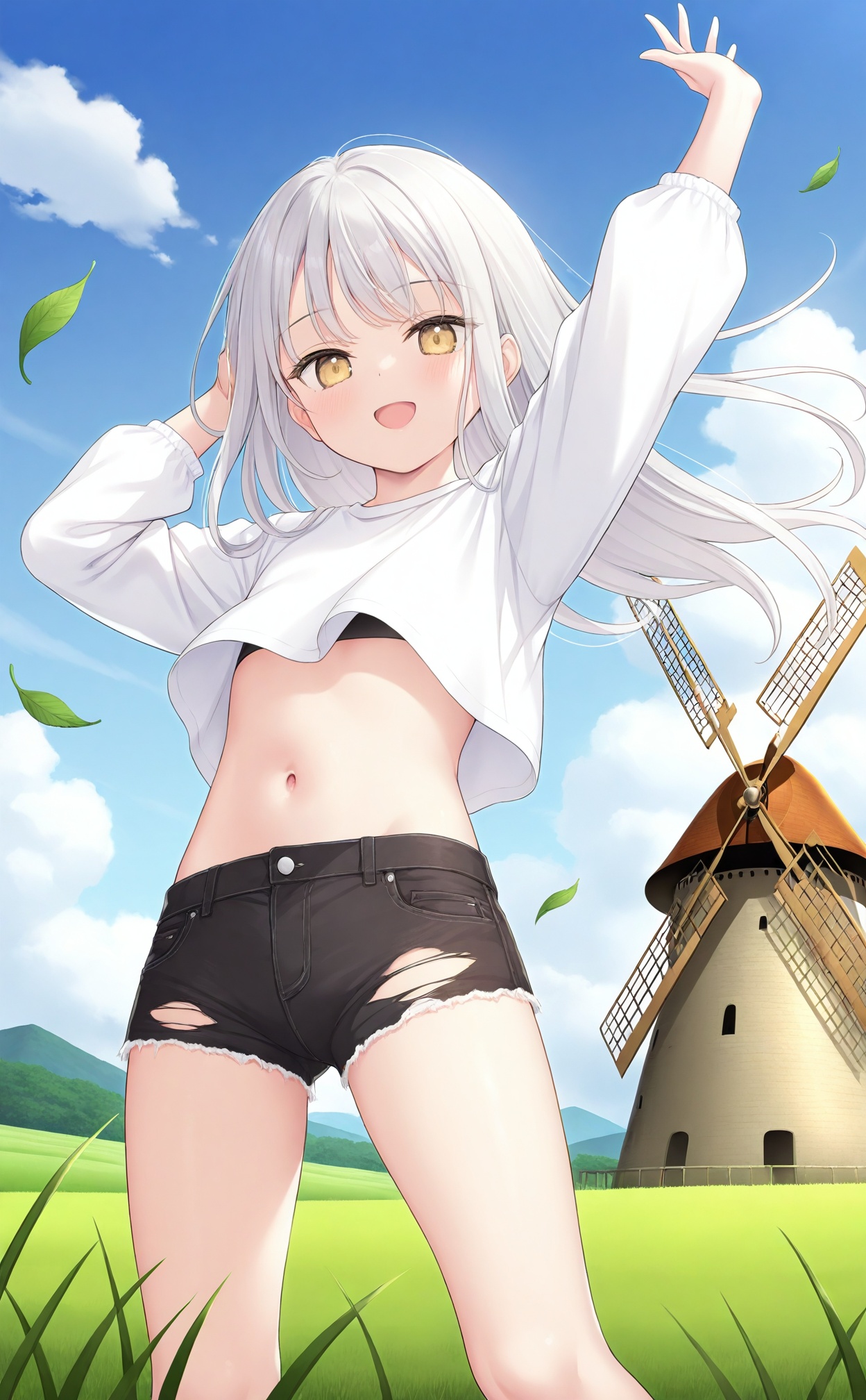 masterpiece,best quality,high quality,loli,1girl,solo,outdoors,shorts,sky,long hair,cloud,navel,falling leaves,cutoffs,arms up,crop top,smile,grass,windmill,midriff,day,black shorts,long sleeves,floating hair,stomach,wind,blue sky,standing,open mouth,shirt,short shorts,denim,white hair,white shirt,yellow eyes,:d,torn shorts,feet out of frame,looking at viewer,denim shorts,leaf,thighs,