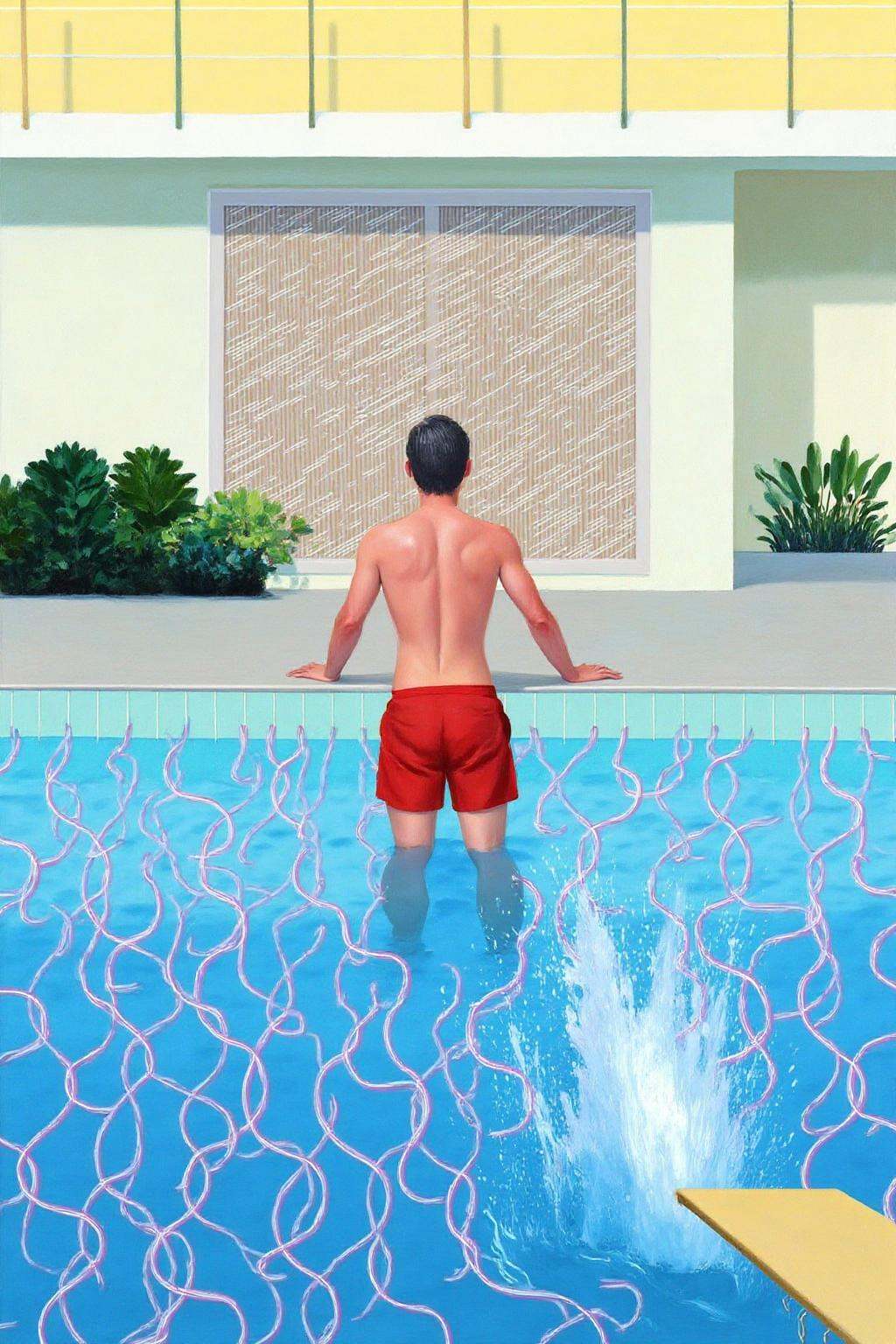 daho1 painting.daho1 painting.A man,  wearing red shorts,  is standing in a swimming pool. The subject is a man with a sle...