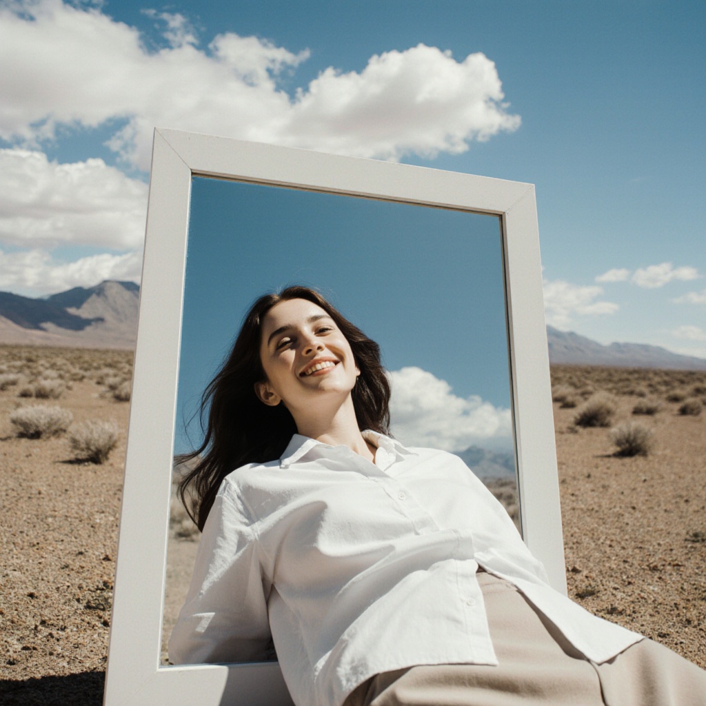 Surrealist art cinematic surrealistic style A surrealism photo of a woman laying on the ground in front of a mirror,  1gir...