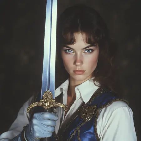 ArsMovieStill,  80s Fantasy Movie Still,  The image is a close-up portrait of a young woman holding a sword. She is wearin...
