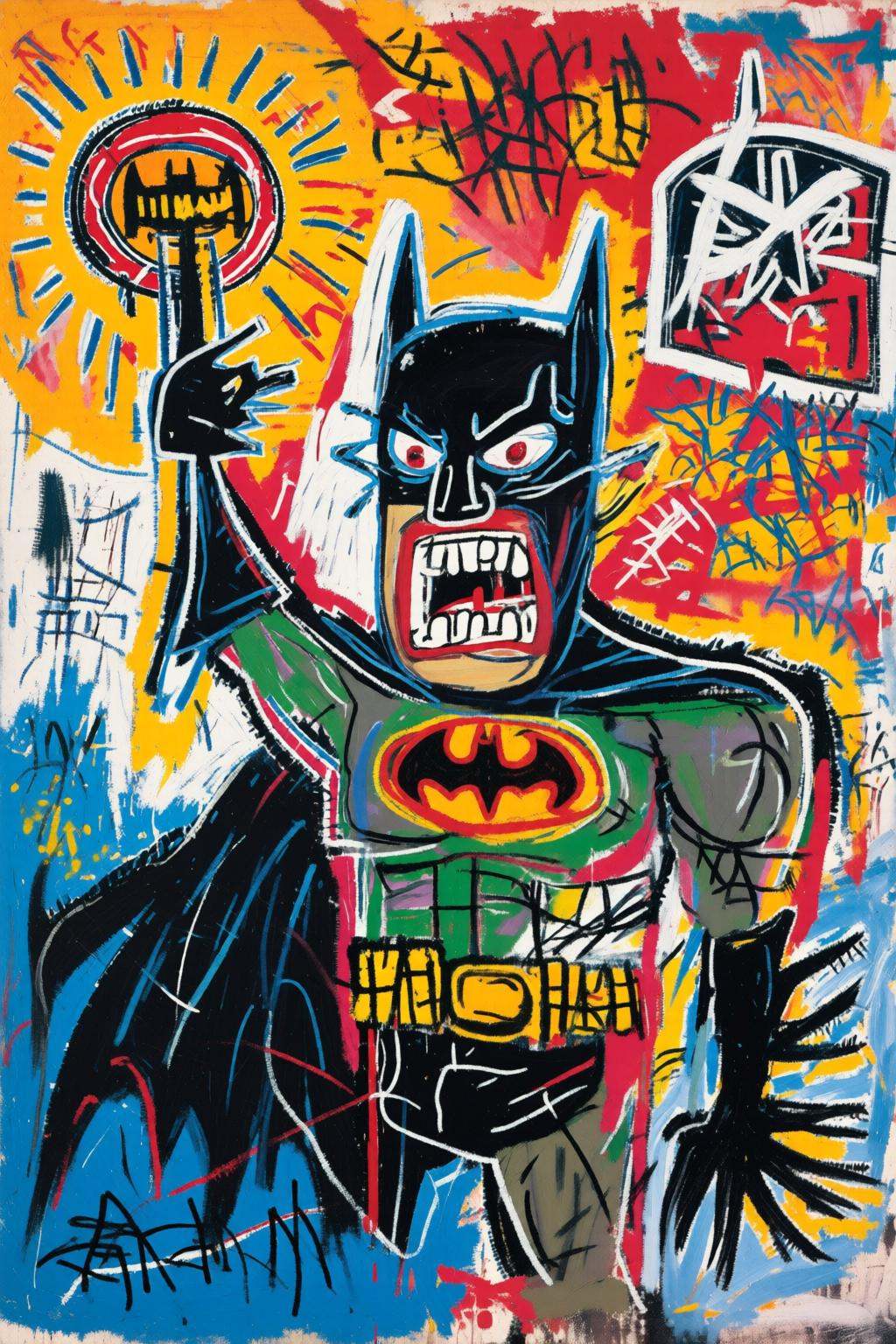 jeanmichelbasquiat2q painting. A colorful painting of batman shouting angrily. There is a bat signal on Tensor.Art