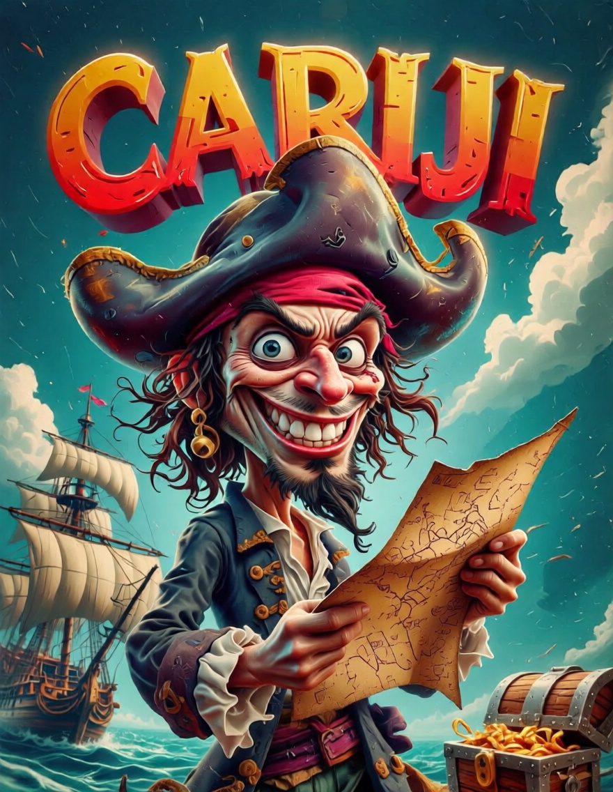 Cariji,  Poster titled "CARIJI" in bold vibrant 3d text featuring an adventurous caricature of a pirate with a flamboyant...