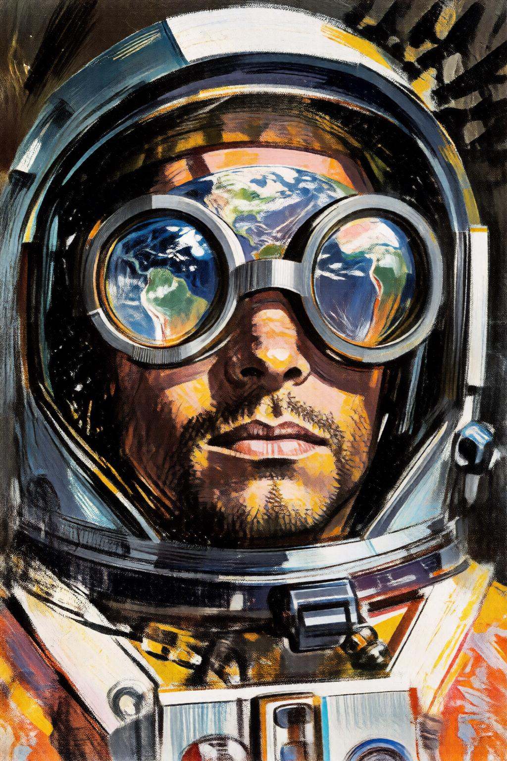 giannirenna2q illustration. juangimenez1. Close up of an astronaut wearing a pair of large reflective goggle. Earth is ref...