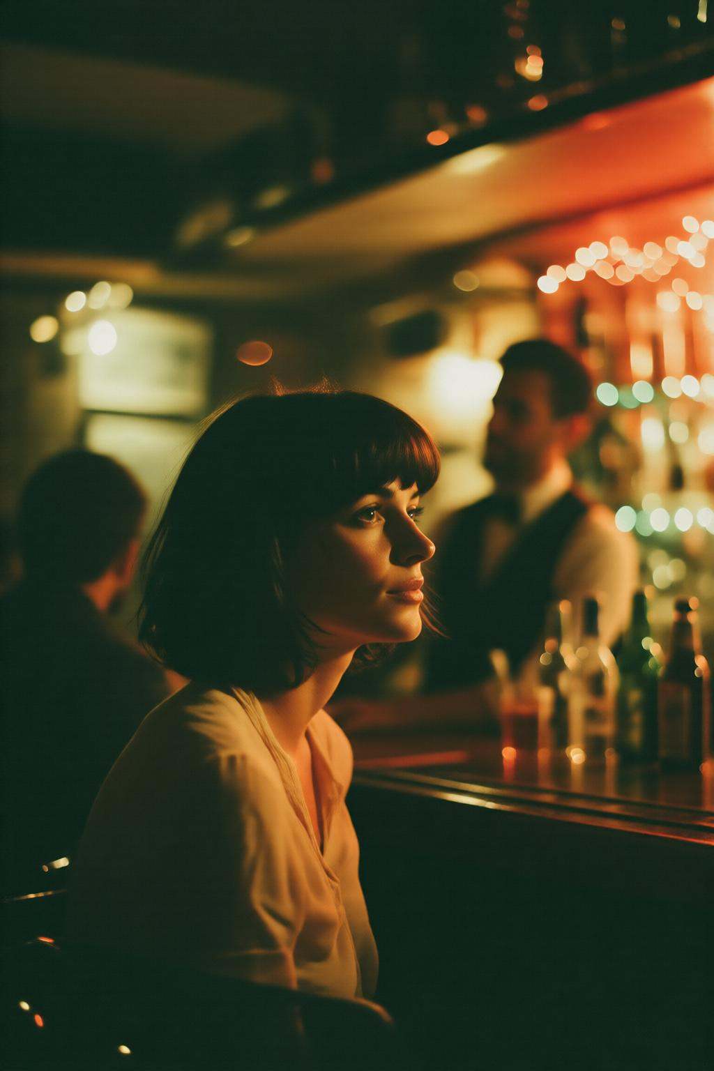 midjourneyanalog9 photograph.In a dimly lit bar,  an Italian woman with short,  dark hair with bangs on Tensor.Art