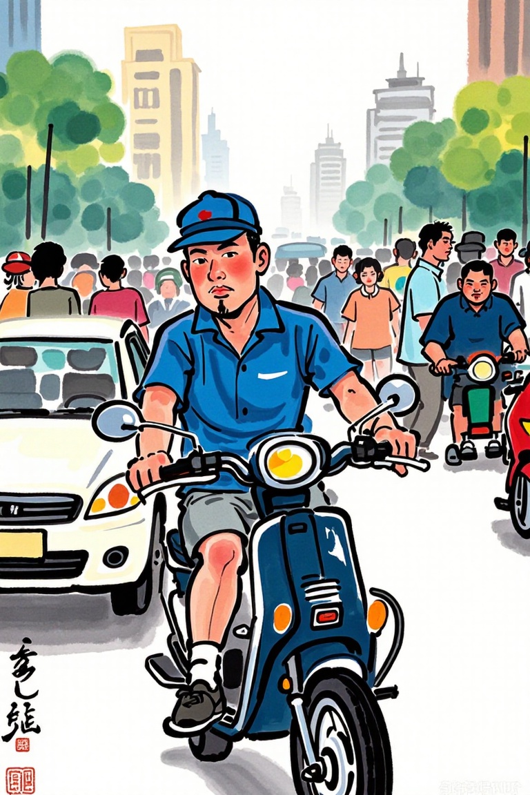 New ink,blush, short hair, shirt, black hair, 1boy, hat, male focus, outdoors, multiple boys, shorts, bag, uniform, facial hair, blue shirt, ground vehicle, motor vehicle, walking, car, motorcycle, bicycle, crowd, employee uniform, people,<lora:models/1382/ed8ffe6b.safetensors:1:1>