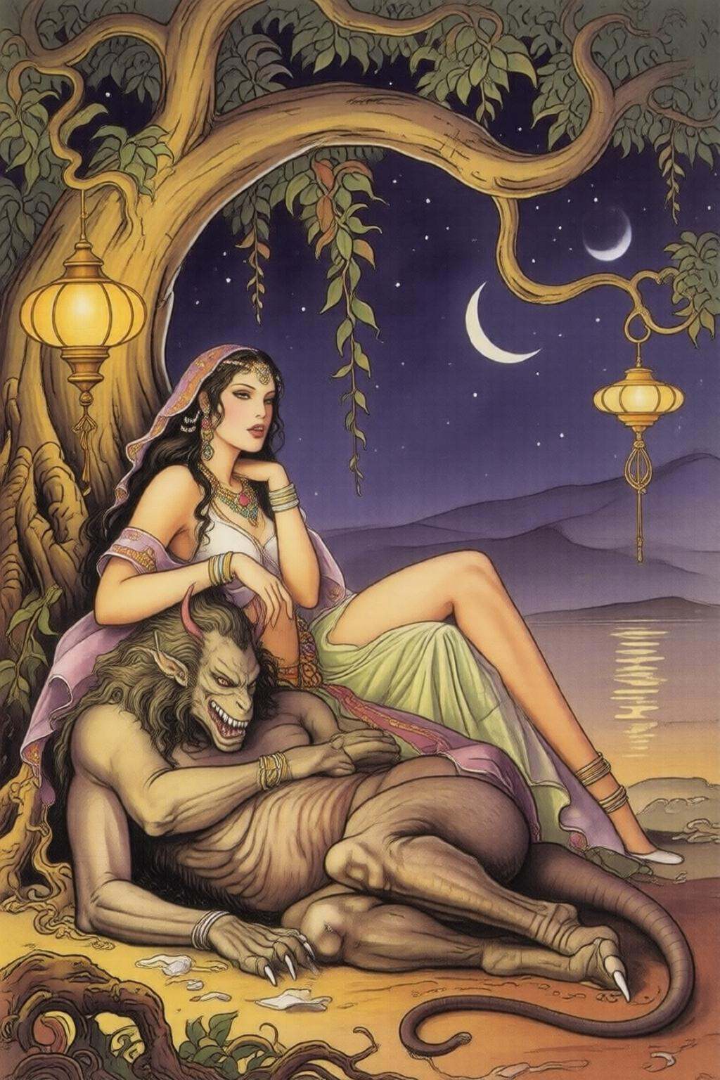 milomanara7q illustration. A scene from Arabian Nights,  rendered in intricate,  colorful detail. A beautiful woman and a...