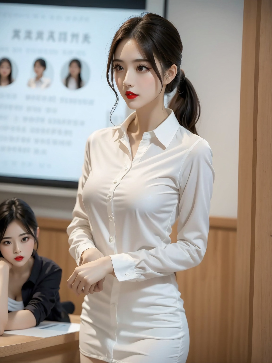 1 female teacher ,,Diamond Earrings , see-through,headwear , , solo, , with heavy makeup，red lips，Moisturizing red lips，White shirt，White hip hugging skirt，collared shirt，eye makeup，breast，，Ponytail，Look at me      <lora:清纯美女教师1.4:1>