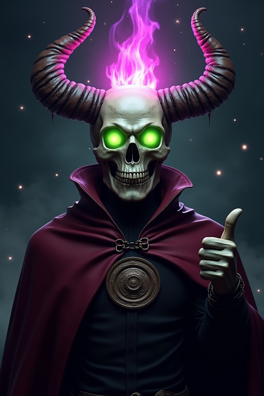 This is a digital artwork featuring a highly detailed, surreal depiction of a demonic skull. The skull is adorned with two large, curved, and twisted horns that extend from the sides of its head. The skull's eyes glow a vivid green, emitting an eerie, otherworldly light that contrasts sharply with the surrounding darkness. Flaming tendrils of bright pink and purple flames emanate from the top of the skull, adding a sense of energy and intensity to the scene.The skull is dressed in a deep maroon cloak with intricate details, including a large circular medallion on the chest. The cloak's texture is smooth and glossy, with subtle folds and creases that add depth to the image. The background is a dark, smoky black, with faint, scattered stars and a hint of a cloudy sky, suggesting a night or twilight setting.The skull's right hand is positioned near its face, giving a thumbs-up gesture with its index finger and thumb, adding a sense of defiance or triumph to the overall composition. The artwork's style is highly detailed and hyper-realistic, with a focus on texture and lighting that creates a dramatic and haunting atmosphere. <lora:qihuan222 (2):1>