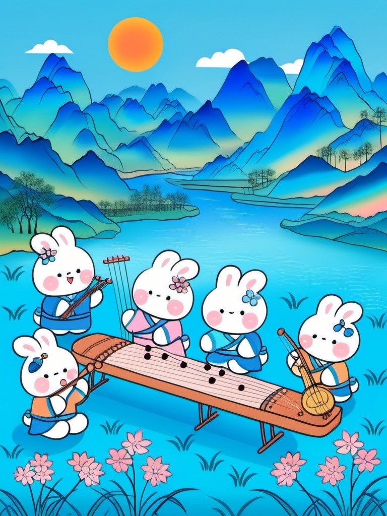 tuzi,In this colorful digital doodle, a bunch of cute white bunnies with pink noses and paws are having a blast in a traditional East Asian village. They're chilling by a peaceful river, with misty mountains and a bright orange sun hanging in the background. The bunnies are rocking traditional instruments like the guqin and erhu, with one little guy even playing a drum. The scene is dotted with cherry blossoms and lush greenery, all wrapped up in a soft pastel palette. The whole vibe is chill and nostalgic, bringing a sense of harmony and peace.,<lora:tuzi_v1:0.8>